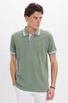 Erkek Slim Fit Dar Kesim %100 Pamuk Düz Pike Yaka ve Kol Detaylı Yeşil Polo Yaka Tişört
