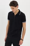 Erkek Slim Fit Dar Kesim %100 Pamuk Jakarlı Düz Yaka ve Kol Detaylı Siyah Polo Yaka Tişört