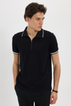 Erkek Slim Fit Dar Kesim %100 Pamuk Jakarlı Düz Yaka ve Kol Detaylı Siyah Polo Yaka Tişört