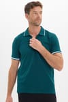 Erkek Slim Fit Dar Kesim %100 Pamuk Jakarlı Düz Yaka ve Kol Detaylı Yeşil Polo Yaka Tişört
