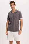 Erkek Slim Fit Dar Kesim %100 Pamuk Jakarlı Düz Yaka ve Kol Detaylı Gri Polo Yaka Tişört