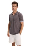 Erkek Slim Fit Dar Kesim %100 Pamuk Jakarlı Düz Yaka ve Kol Detaylı Gri Polo Yaka Tişört