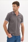 Erkek Slim Fit Dar Kesim %100 Pamuk Jakarlı Düz Yaka ve Kol Detaylı Gri Polo Yaka Tişört