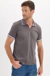 Erkek Slim Fit Dar Kesim %100 Pamuk Jakarlı Düz Yaka ve Kol Detaylı Gri Polo Yaka Tişört