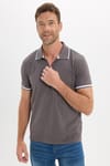 Erkek Slim Fit Dar Kesim %100 Pamuk Jakarlı Düz Yaka ve Kol Detaylı Gri Polo Yaka Tişört