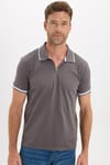 Erkek Slim Fit Dar Kesim %100 Pamuk Jakarlı Düz Yaka ve Kol Detaylı Gri Polo Yaka Tişört