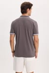 Erkek Slim Fit Dar Kesim %100 Pamuk Jakarlı Düz Yaka ve Kol Detaylı Gri Polo Yaka Tişört