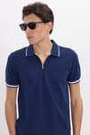 Erkek Slim Fit Dar Kesim %100 Pamuk Jakarlı Düz Yaka ve Kol Detaylı Lacivert Polo Yaka Tişört