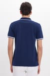 Erkek Slim Fit Dar Kesim %100 Pamuk Jakarlı Düz Yaka ve Kol Detaylı Lacivert Polo Yaka Tişört