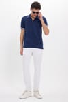 Erkek Slim Fit Dar Kesim %100 Pamuk Jakarlı Düz Yaka ve Kol Detaylı Lacivert Polo Yaka Tişört