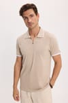 Erkek Slim Fit Dar Kesim %100 Pamuk Jakarlı Düz Yaka ve Kol Detaylı Bej Polo Yaka Tişört