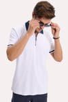 Erkek Slim Fit Dar Kesim %100 Pamuk Kısa Kollu Yarım Fermuarlı Beyaz Polo Yaka Tişört