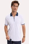 Erkek Slim Fit Dar Kesim %100 Pamuk Kısa Kollu Yarım Fermuarlı Beyaz Polo Yaka Tişört