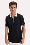 Erkek Slim Fit Dar Kesim %100 Pamuk Kısa Kollu Yarım Fermuarlı Siyah Polo Yaka Tişört