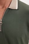 Erkek Slim Fit Dar Kesim %100 Pamuk Kısa Kollu Yarım Fermuarlı Yeşil Polo Yaka Tişört