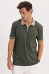 Erkek Slim Fit Dar Kesim %100 Pamuk Kısa Kollu Yarım Fermuarlı Yeşil Polo Yaka Tişört