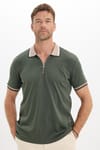 Erkek Slim Fit Dar Kesim %100 Pamuk Kısa Kollu Yarım Fermuarlı Yeşil Polo Yaka Tişört