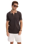 Erkek Slim Fit Dar Kesim %100 Pamuk Kısa Kollu Yarım Fermuarlı Kahverengi Polo Yaka Tişört