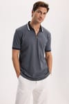 Erkek Slim Fit Dar Kesim %100 Pamuk Kısa Kollu Yarım Fermuarlı Antrasit Polo Yaka Tişört