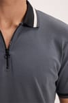 Erkek Slim Fit Dar Kesim %100 Pamuk Kısa Kollu Yarım Fermuarlı Antrasit Polo Yaka Tişört