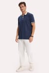 Erkek Slim Fit Dar Kesim %100 Pamuk Kısa Kollu Yarım Fermuarlı Lacivert Polo Yaka Tişört