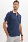 Erkek Slim Fit Dar Kesim %100 Pamuk Kısa Kollu Yarım Fermuarlı Lacivert Polo Yaka Tişört