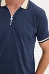Erkek Slim Fit Dar Kesim %100 Pamuk Kısa Kollu Yarım Fermuarlı Lacivert Polo Yaka Tişört