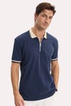 Erkek Slim Fit Dar Kesim %100 Pamuk Kısa Kollu Yarım Fermuarlı Lacivert Polo Yaka Tişört