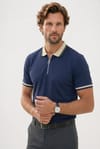 Erkek Slim Fit Dar Kesim %100 Pamuk Kısa Kollu Yarım Fermuarlı Lacivert Polo Yaka Tişört