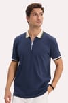 Erkek Slim Fit Dar Kesim %100 Pamuk Kısa Kollu Yarım Fermuarlı Lacivert Polo Yaka Tişört