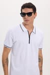 Erkek Slim Fit Dar Kesim %100 Pamuk Kısa Kollu Fermuarlı Beyaz Polo Yaka Tişört