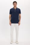 Erkek Slim Fit Dar Kesim %100 Pamuk Kısa Kollu Fermuarlı Lacivert Polo Yaka Tişört