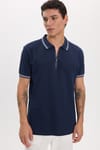 Erkek Slim Fit Dar Kesim %100 Pamuk Kısa Kollu Fermuarlı Lacivert Polo Yaka Tişört