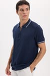 Erkek Slim Fit Dar Kesim %100 Pamuk Kısa Kollu Fermuarlı Lacivert Polo Yaka Tişört