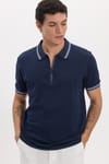 Erkek Slim Fit Dar Kesim %100 Pamuk Kısa Kollu Fermuarlı Lacivert Polo Yaka Tişört