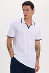 Erkek Slim Fit Dar Kesim %100 Pamuklu Çizgili Detaylı V Yaka Beyaz Polo Yaka Tişört