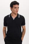 Erkek Slim Fit Dar Kesim %100 Pamuklu Çizgili Detaylı V Yaka Siyah Polo Yaka Tişört
