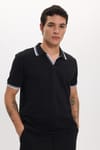 Erkek Slim Fit Dar Kesim %100 Pamuklu Çizgili Detaylı V Yaka Siyah Polo Yaka Tişört