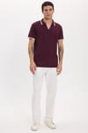 Erkek Slim Fit Dar Kesim %100 Pamuklu Çizgili Detaylı V Yaka Bordo Polo Yaka Tişört