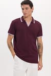 Erkek Slim Fit Dar Kesim %100 Pamuklu Çizgili Detaylı V Yaka Bordo Polo Yaka Tişört
