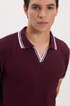 Erkek Slim Fit Dar Kesim %100 Pamuklu Çizgili Detaylı V Yaka Bordo Polo Yaka Tişört