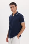 Erkek Slim Fit Dar Kesim %100 Pamuklu Çizgili Detaylı V Yaka Lacivert Polo Yaka Tişört