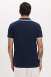 Erkek Slim Fit Dar Kesim %100 Pamuklu Çizgili Detaylı V Yaka Lacivert Polo Yaka Tişört