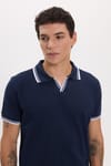 Erkek Slim Fit Dar Kesim %100 Pamuklu Çizgili Detaylı V Yaka Lacivert Polo Yaka Tişört