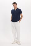 Erkek Slim Fit Dar Kesim %100 Pamuklu Çizgili Detaylı V Yaka Lacivert Polo Yaka Tişört