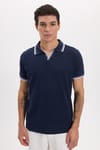 Erkek Slim Fit Dar Kesim %100 Pamuklu Çizgili Detaylı V Yaka Lacivert Polo Yaka Tişört