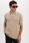 Erkek Slim Fit Dar Kesim %100 Pamuklu Çizgili Detaylı V Yaka Taş Polo Yaka Tişört