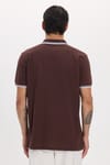 Erkek Slim Fit Dar Kesim %100 Pamuklu Çizgili Detaylı V Yaka Kahverengi  Polo Yaka Tişört