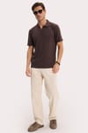 Erkek Slim Fit Dar Kesim Pamuklu Kısa Kollu Çizgili Kahverengi Polo V Yaka Tişört