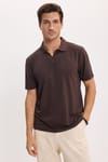 Erkek Slim Fit Dar Kesim Pamuklu Kısa Kollu Çizgili Kahverengi Polo V Yaka Tişört